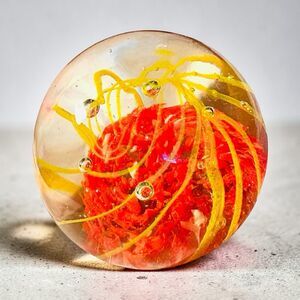 Paperweight Art Glass Orange With Yellow Swirl Controlled Bubble VTG Collectible
